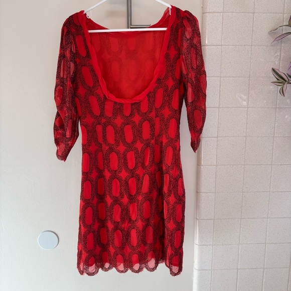 Vintage Tracy Reese Red and Black 100% Silk Dress XS Embroidered Scoop Back - Picture 2 of 9